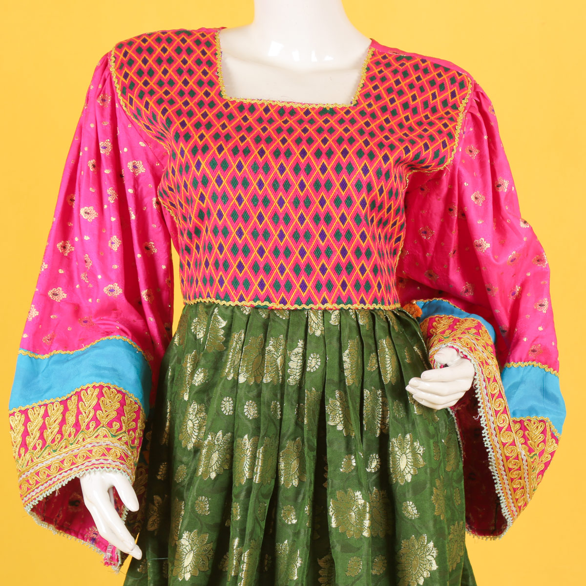 Green Banarasi Party Wear Pleated Frock | Kochi Embroidered Dress