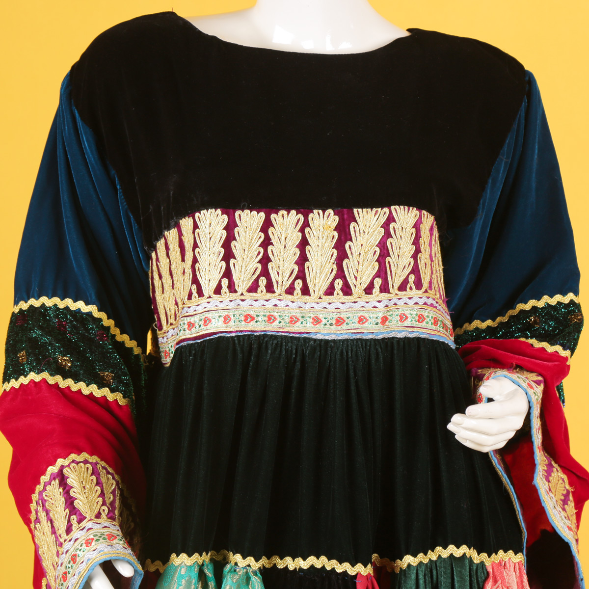 Black Velvet Pleated Frock | Balloon Sleeve Patchwork Maxi