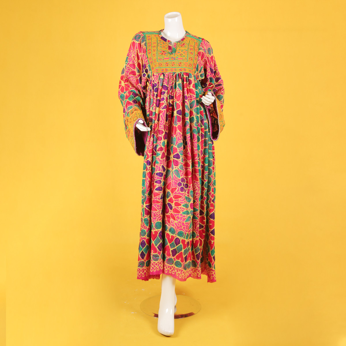 Floral Cross-Stitch Pleated Gand Afghani | Balloon Sleeve Traditional Afghan Dress