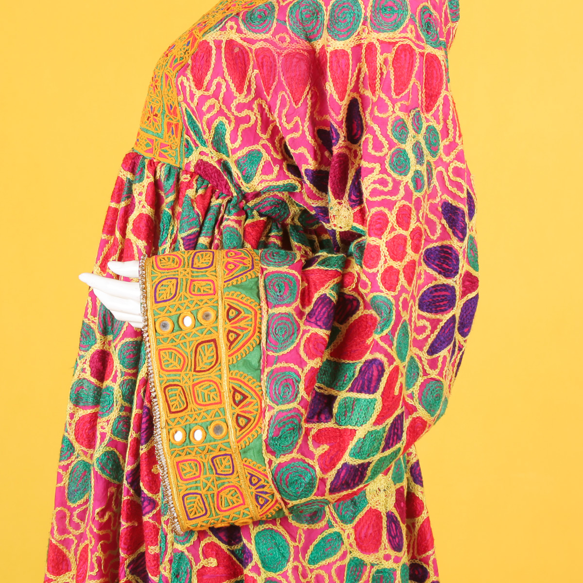 Floral Cross-Stitch Pleated Gand Afghani | Balloon Sleeve Traditional Afghan Dress