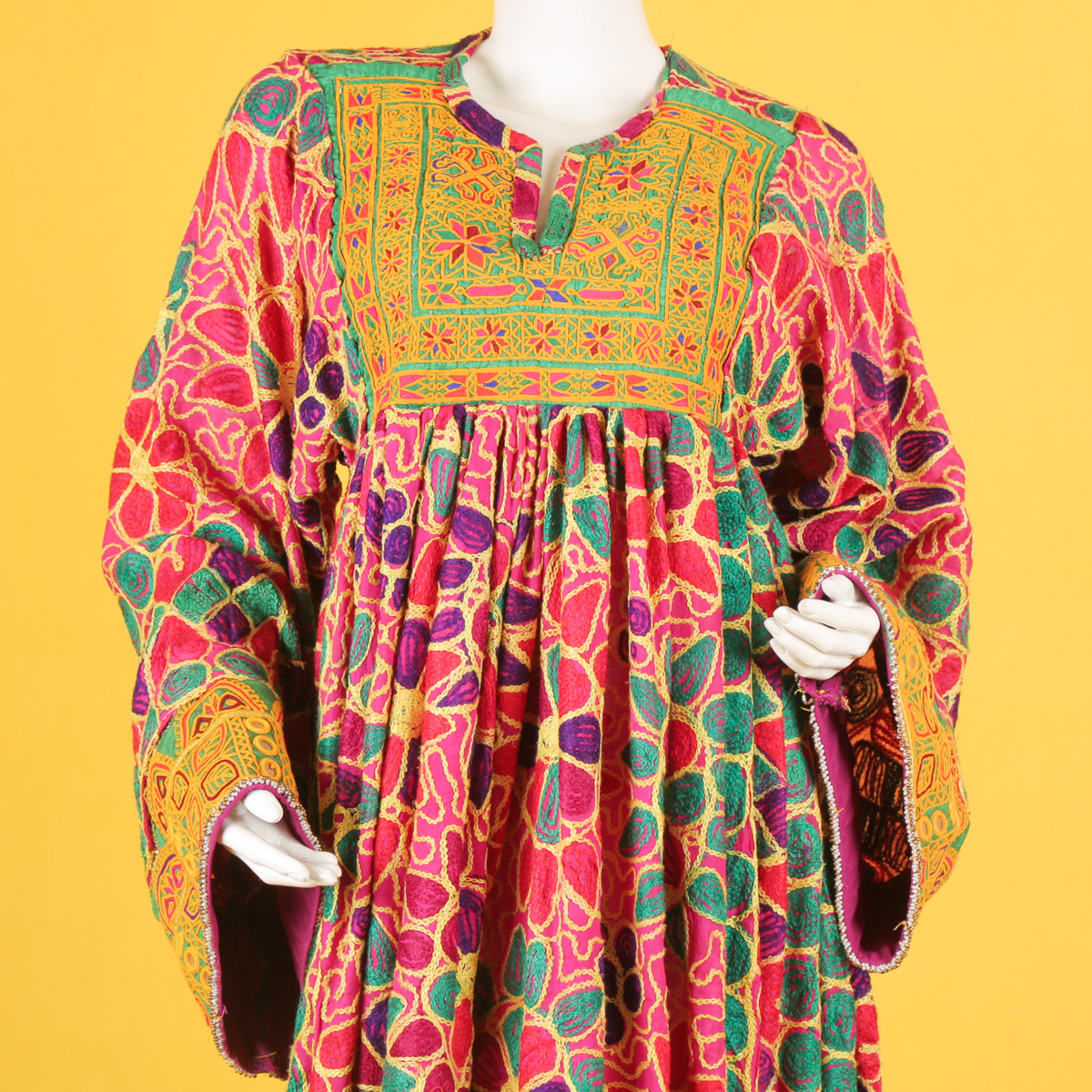 Floral Cross-Stitch Pleated Gand Afghani | Balloon Sleeve Traditional Afghan Dress