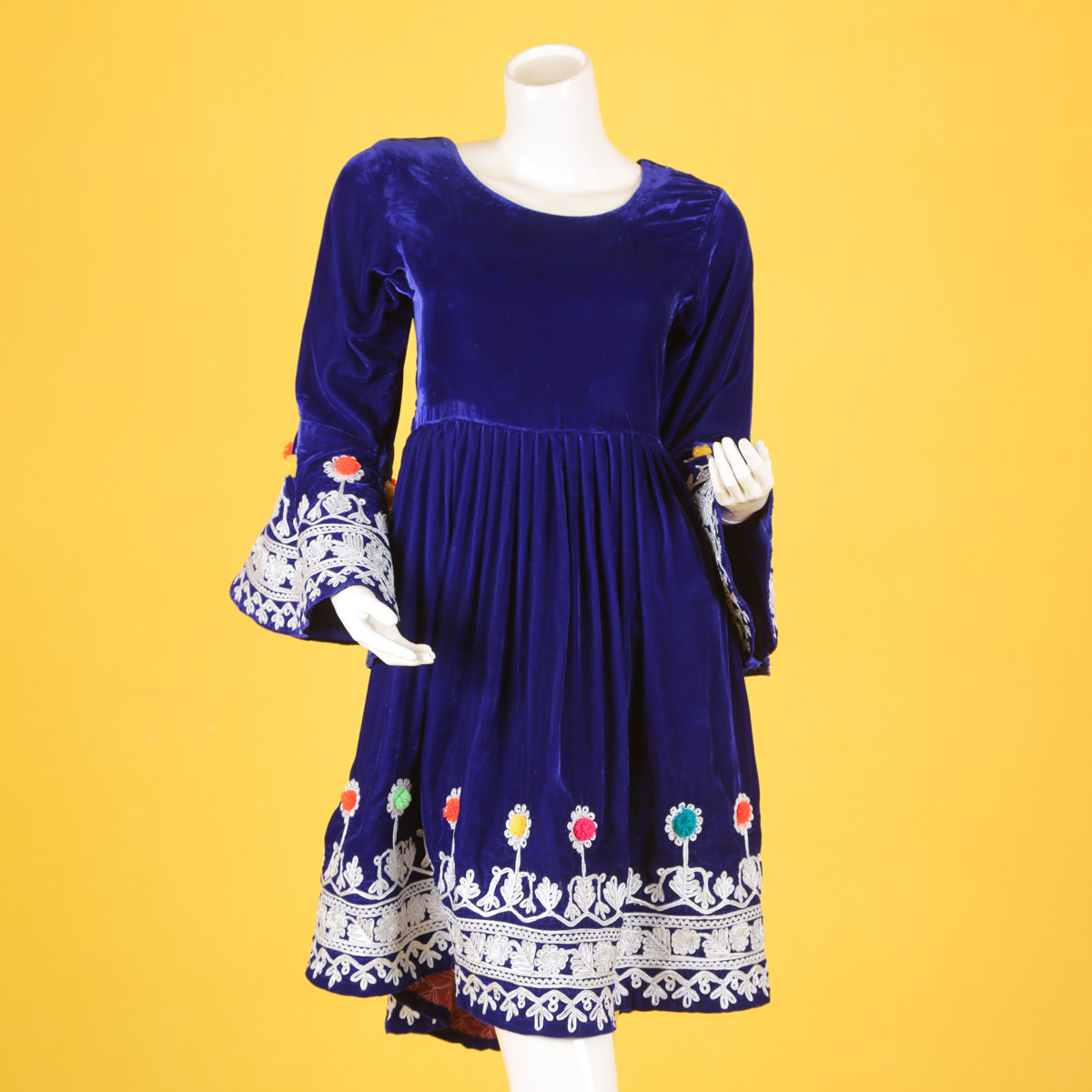 Kochi Embroidered Short Afghan Frock | Blue Velvet Fancy Afghan Dress