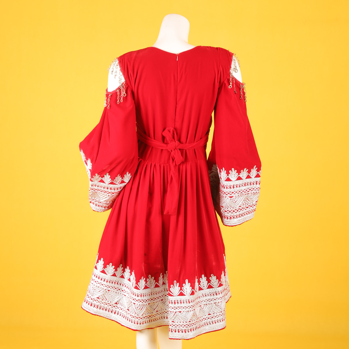 Red Silk Chemra Embroidered Frock | Open Sleeve Short Traditional Dress