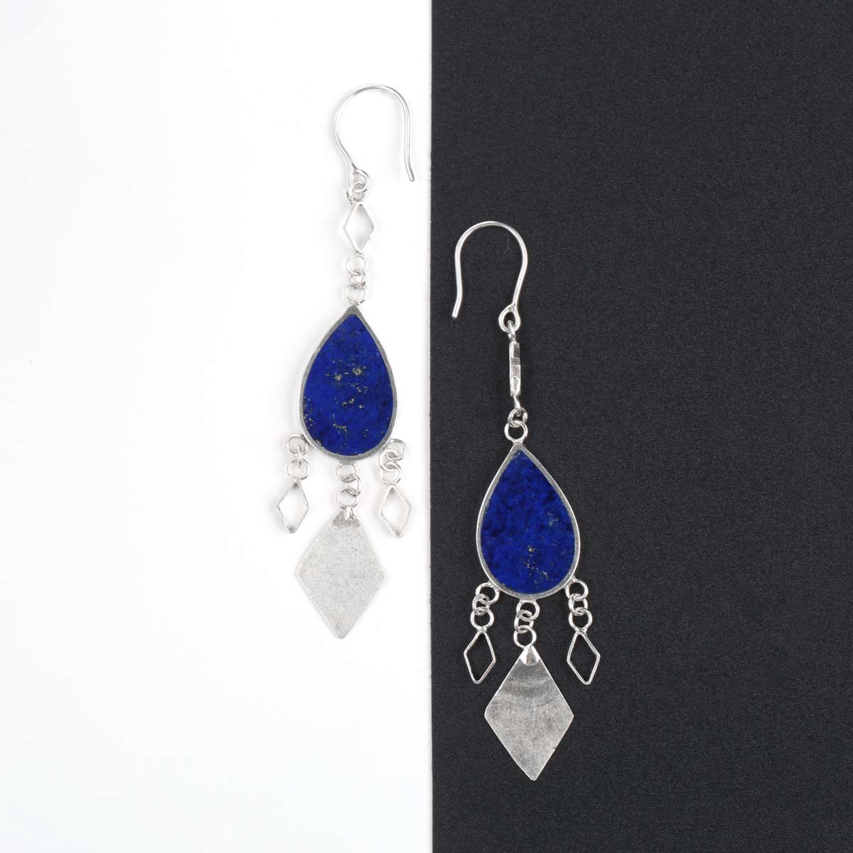 Lapis Stone Cluster Earrings | Silver Hook Earrings
