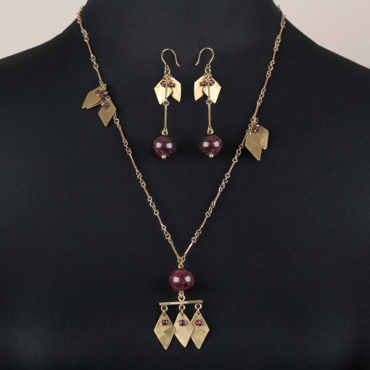 Garnet Stone Jewelry Set | Gold-Plated Charm Necklace & Earrings