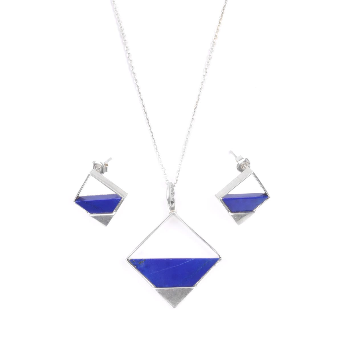 Lapis Lazuli Marquise Jewelry Set | Silver Necklace with Studs