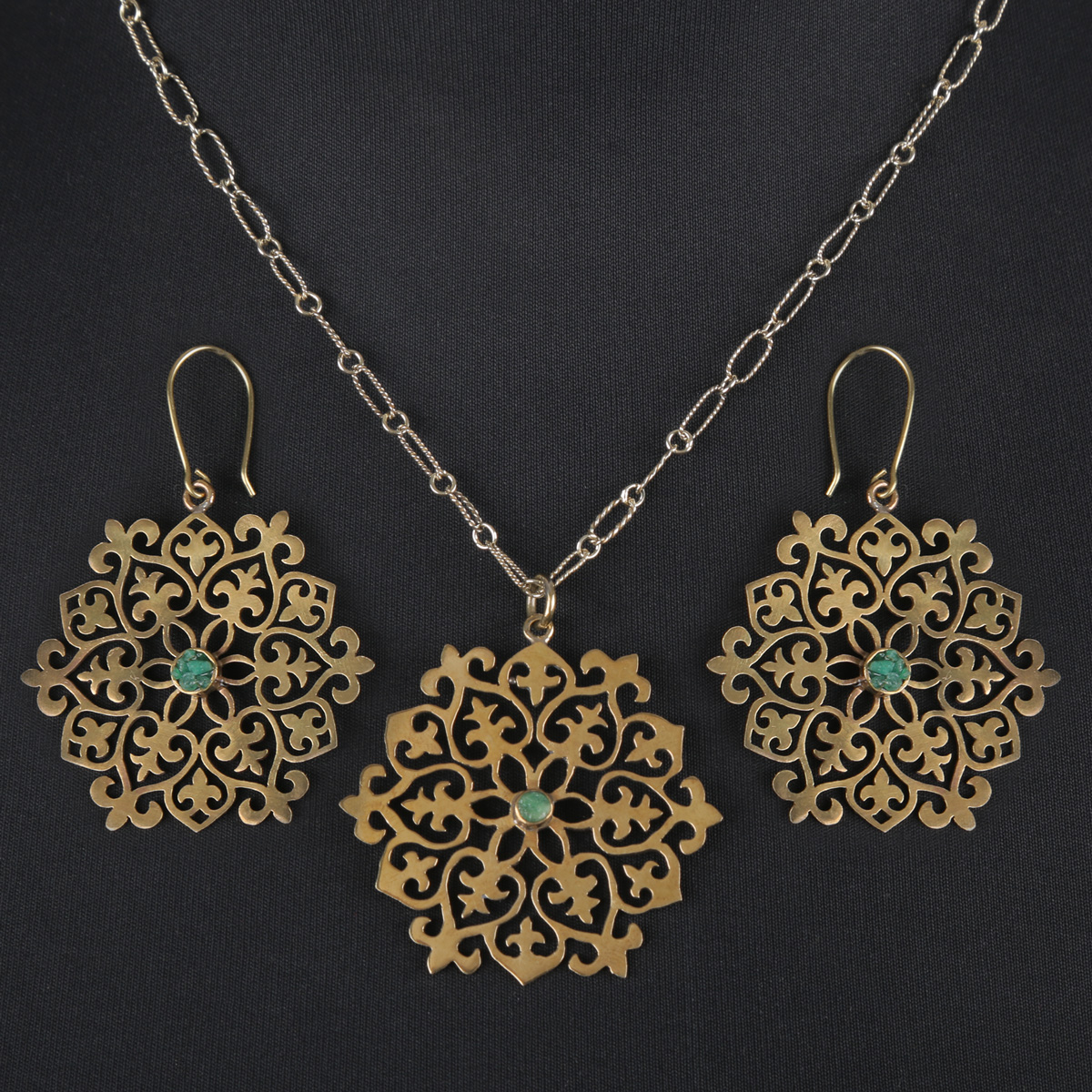 Emerald Gold-Plated Jewelry Set | Flower Carved Pendant & Earrings