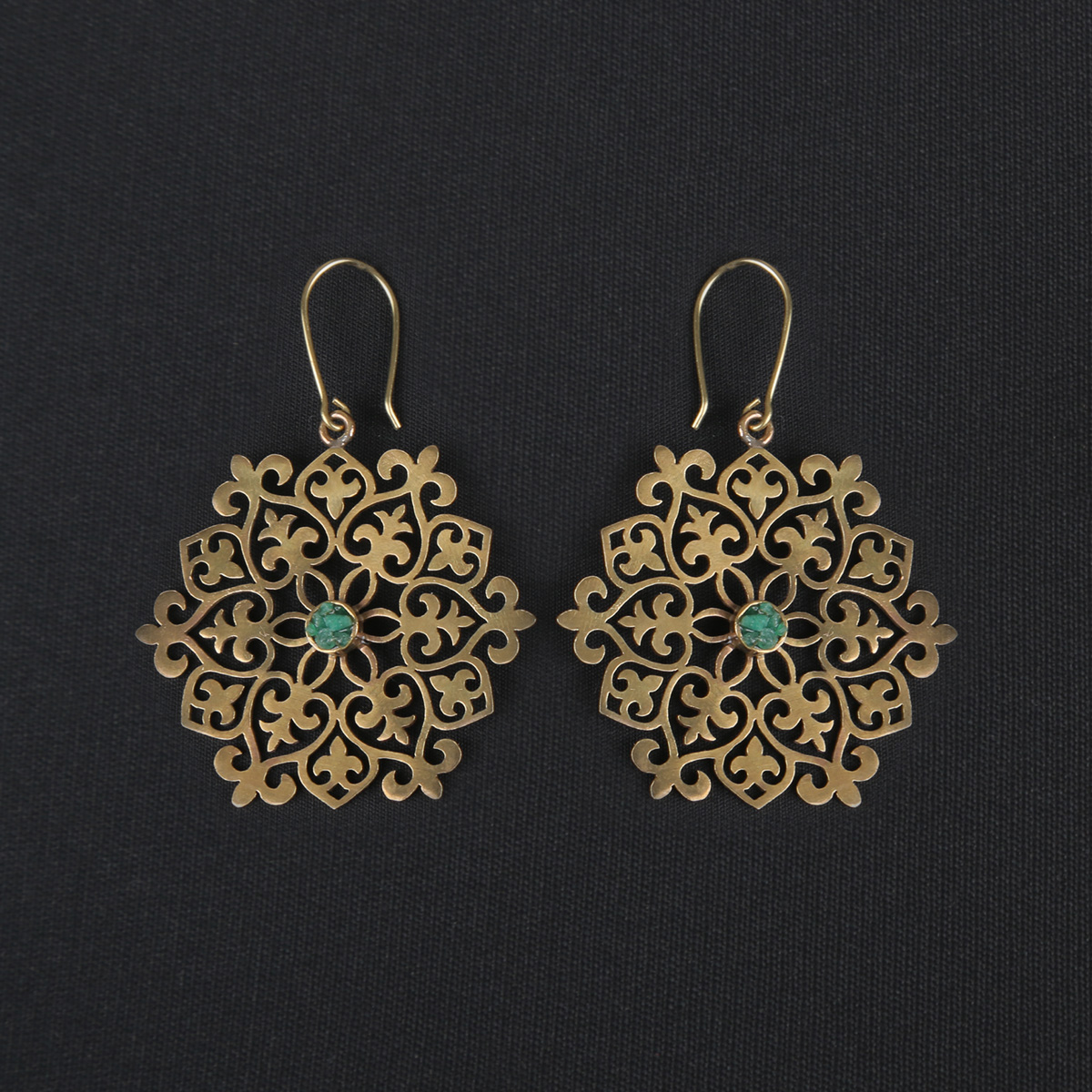 Emerald Gold-Plated Jewelry Set | Flower Carved Pendant & Earrings