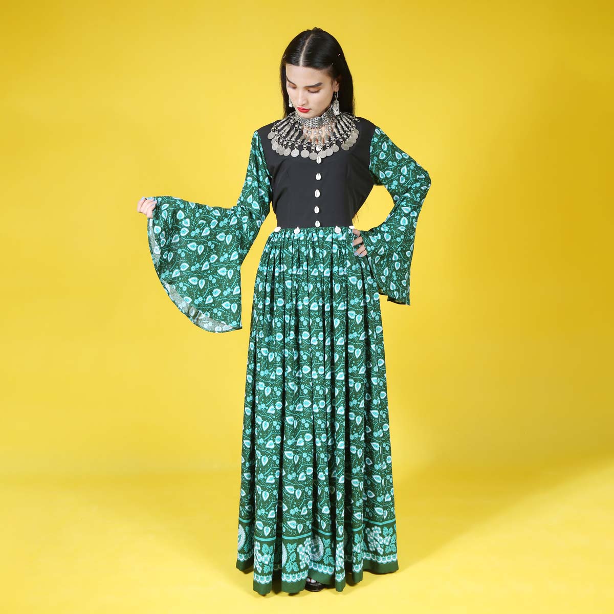 Green Patterned Qamarchin Design Women Long Afghan Dress | Afghani Handmade Clothes Women