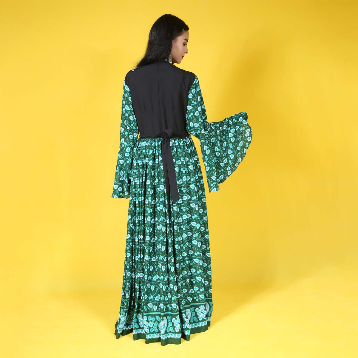 Green Patterned Qamarchin Design Women Long Afghan Dress | Afghani Handmade Clothes Women