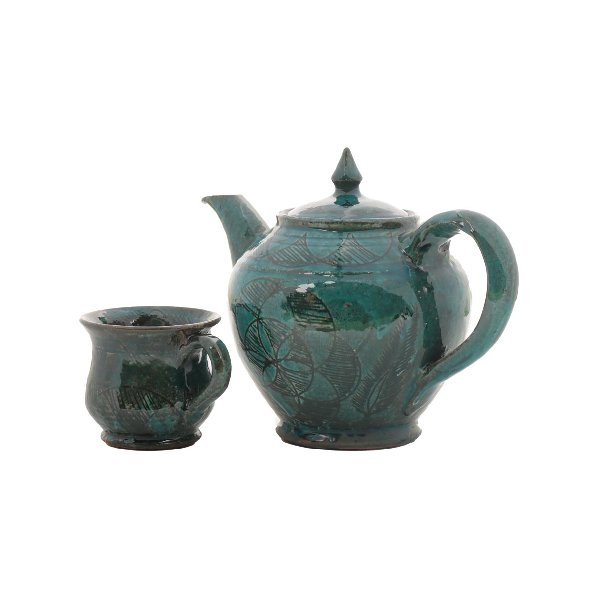 Green Ceramic Combo Set of Teapot & Cup | Floral Hand-Painted Rustic Teapot & Cup Set