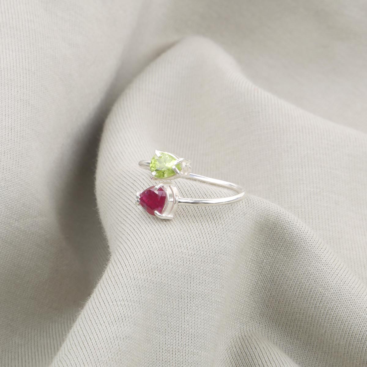 Ruby and Peridot Jewelry Set | Silver Necklace, Cuffes & Ring