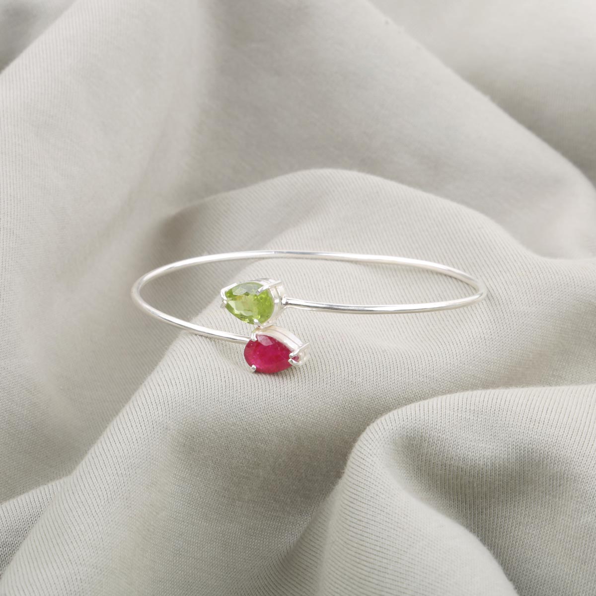 Ruby and Peridot Jewelry Set | Silver Necklace, Cuffes & Ring