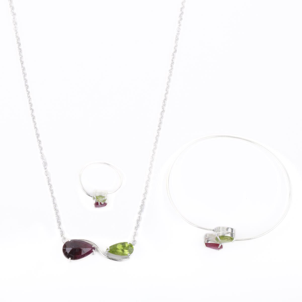Ruby and Peridot Jewelry Set | Silver Necklace, Cuffes & Ring