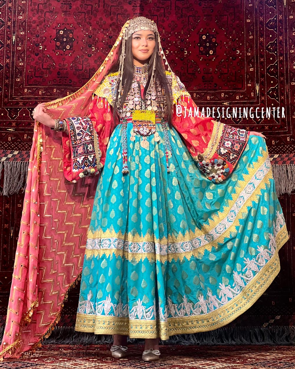 Teal Blue Banarasi Bridal Afghan Gown | Balloon Sleeve Pleated Afghani Dress