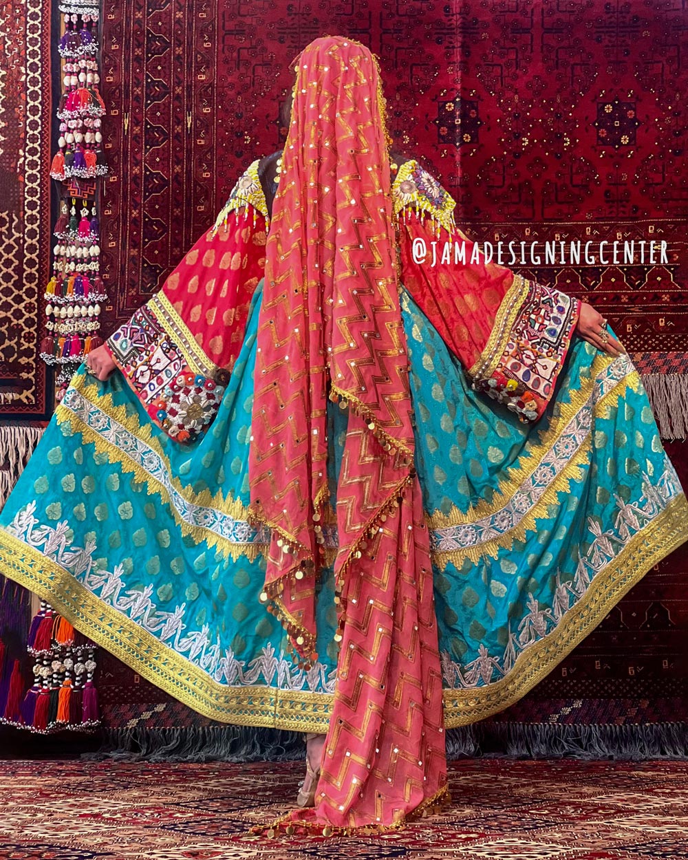 Teal Blue Banarasi Bridal Afghan Gown | Balloon Sleeve Pleated Afghani Dress