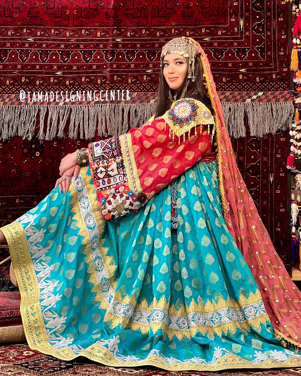 Teal Blue Banarasi Bridal Afghan Gown | Balloon Sleeve Pleated Afghani Dress