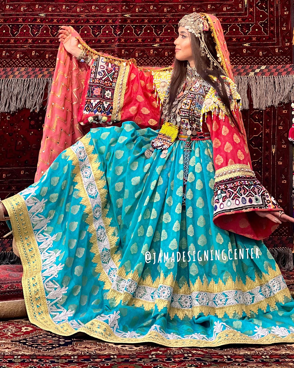 Teal Blue Banarasi Bridal Afghan Gown | Balloon Sleeve Pleated Afghani Dress