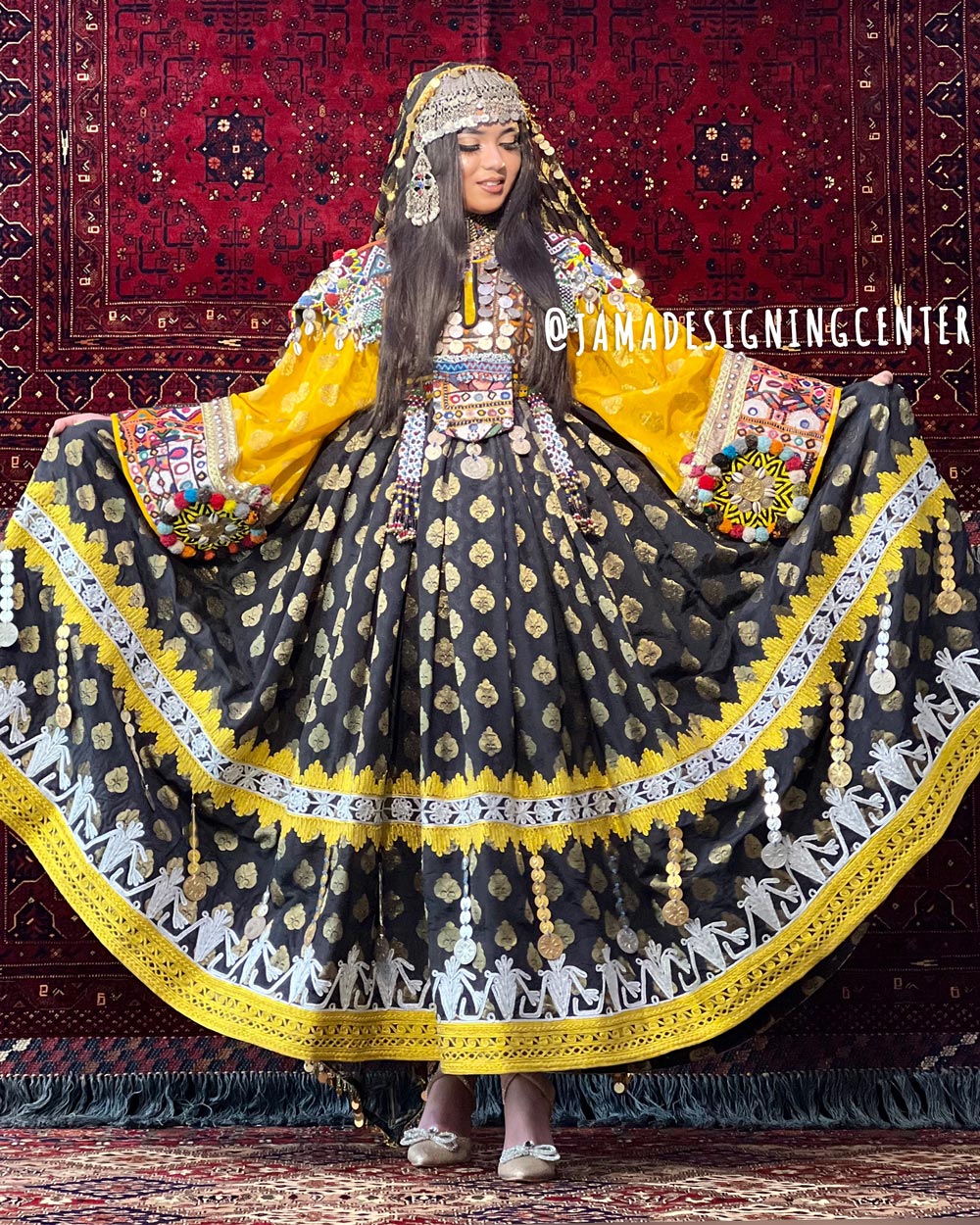 Black Flower Print Embroidered Afghan Bridal Gown | Balloon Sleeve Banarasi Dress