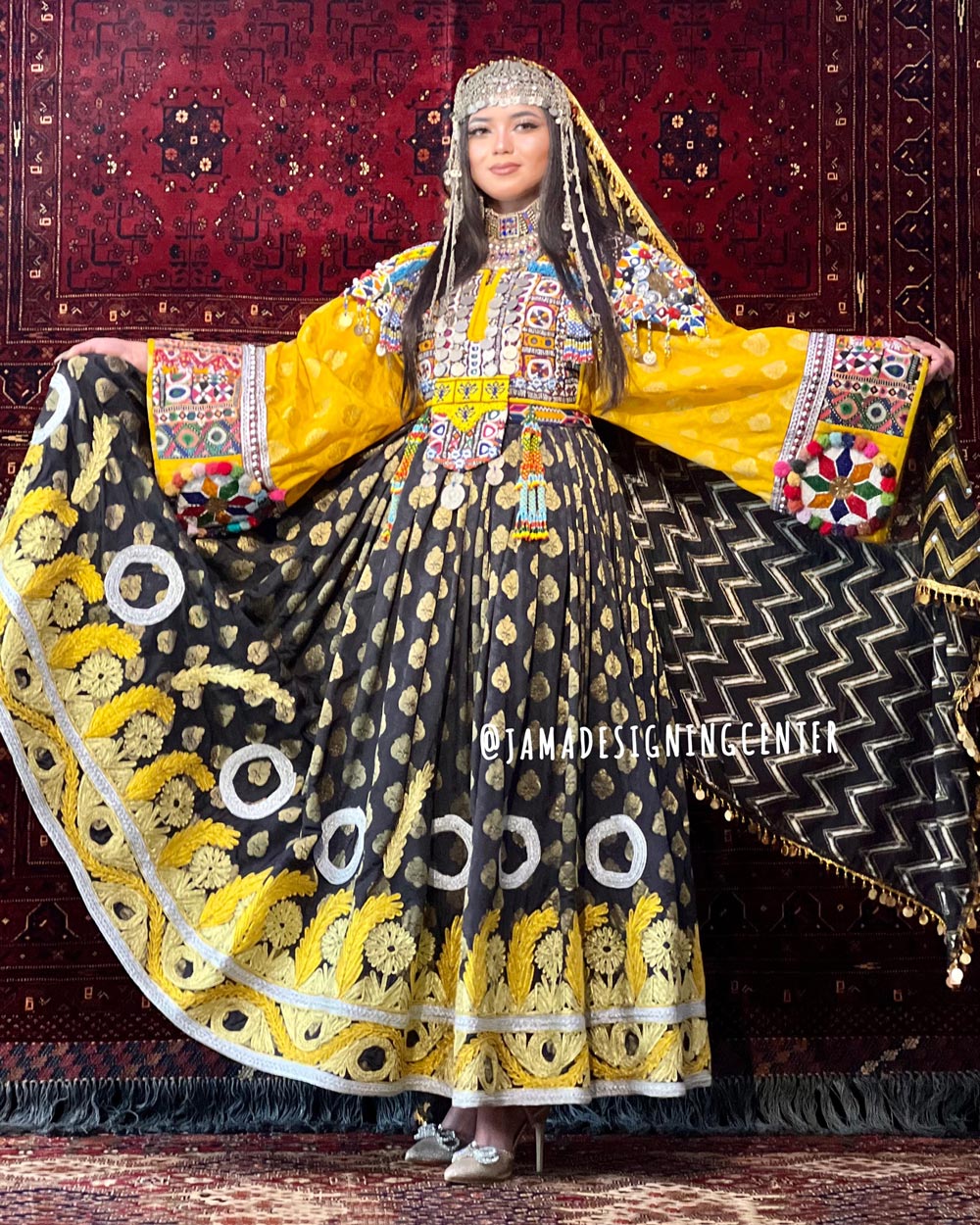 Black Banarasi Afghan Bridal Outfit | Flower Print Balloon Sleeve Dress