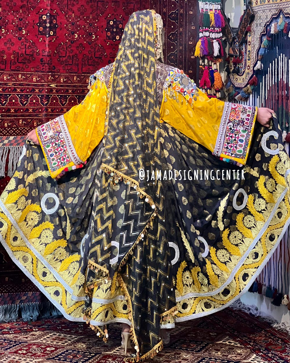 Black Banarasi Afghan Bridal Outfit | Flower Print Balloon Sleeve Dress