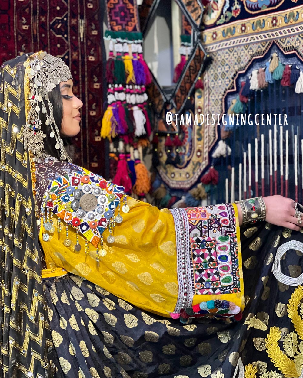 Black Banarasi Afghan Bridal Outfit | Flower Print Balloon Sleeve Dress