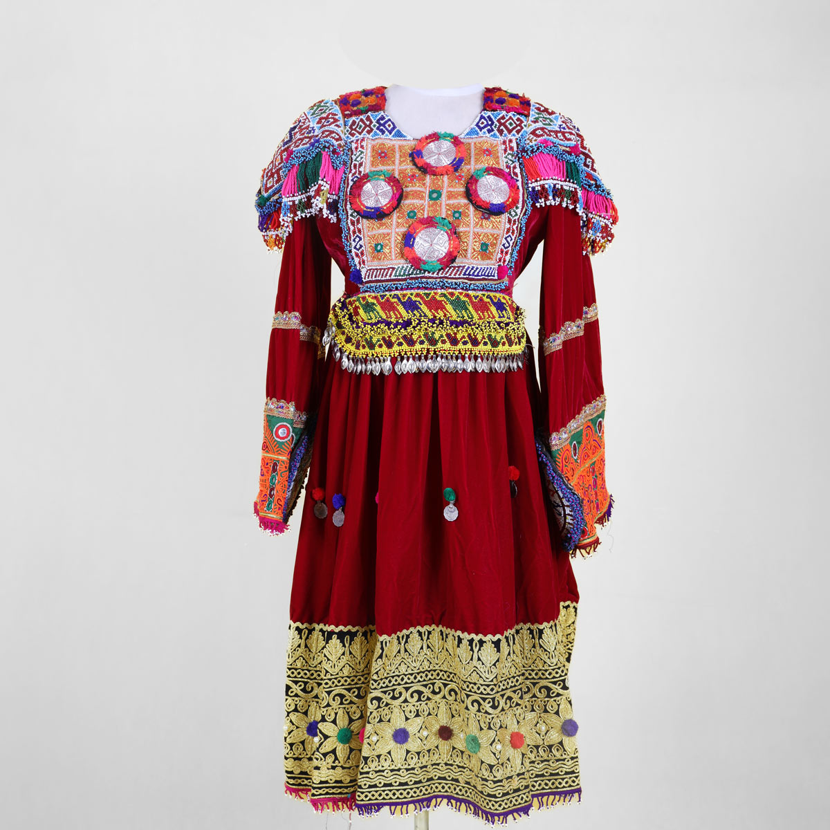 Velvet Gande Afghani | Red Bell Sleeves Embroidered Frock 