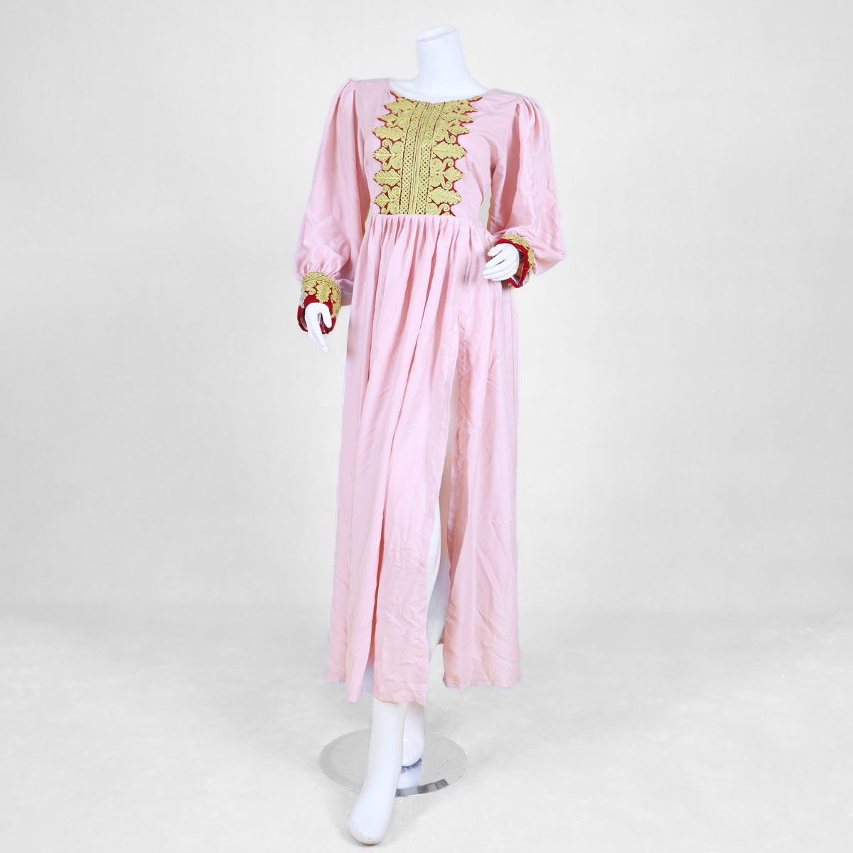 Linen Cuffed Sleeves Dress | Pink Cherma Embroidered Slit Gown
