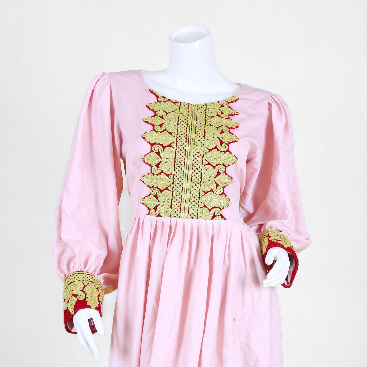 Linen Cuffed Sleeves Dress | Pink Cherma Embroidered Slit Gown
