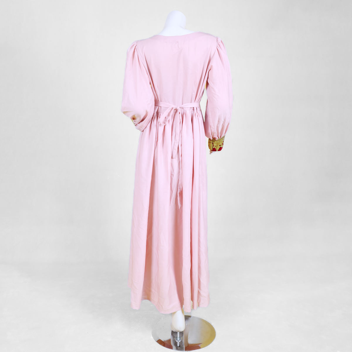 Linen Cuffed Sleeves Dress | Pink Cherma Embroidered Slit Gown