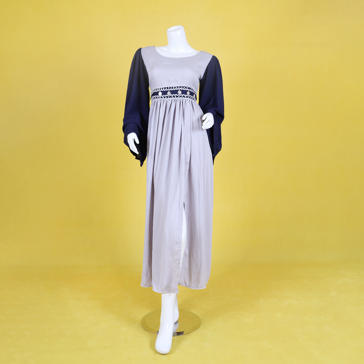 Light Blue Pleated Gown | Trumpet Sleeves Fancy Slit Maxi