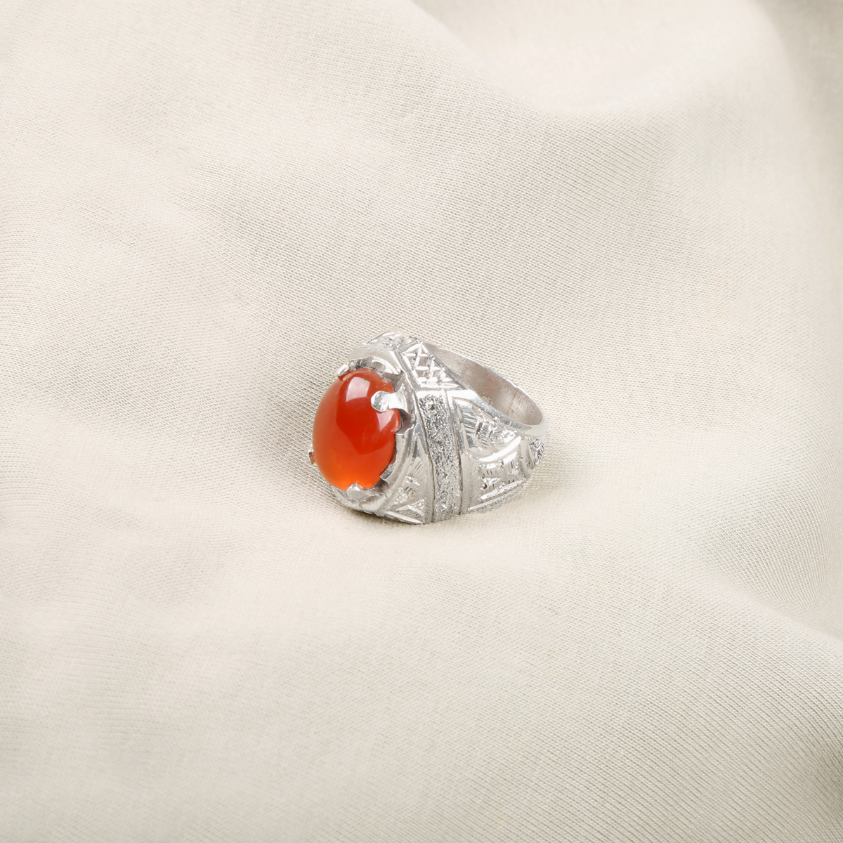 Orange Agate Stone Handmade Ring | Silver Solitaire Engraved Ring 