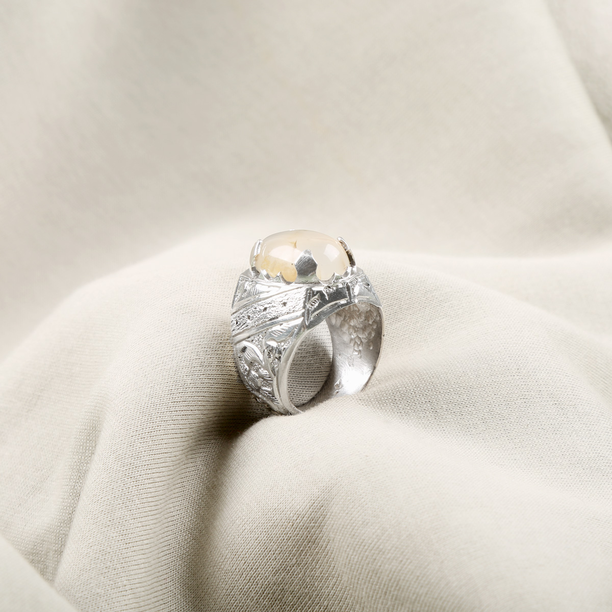 White Agate Stone Handmade Ring | Silver Engraved Solitaire Ring
