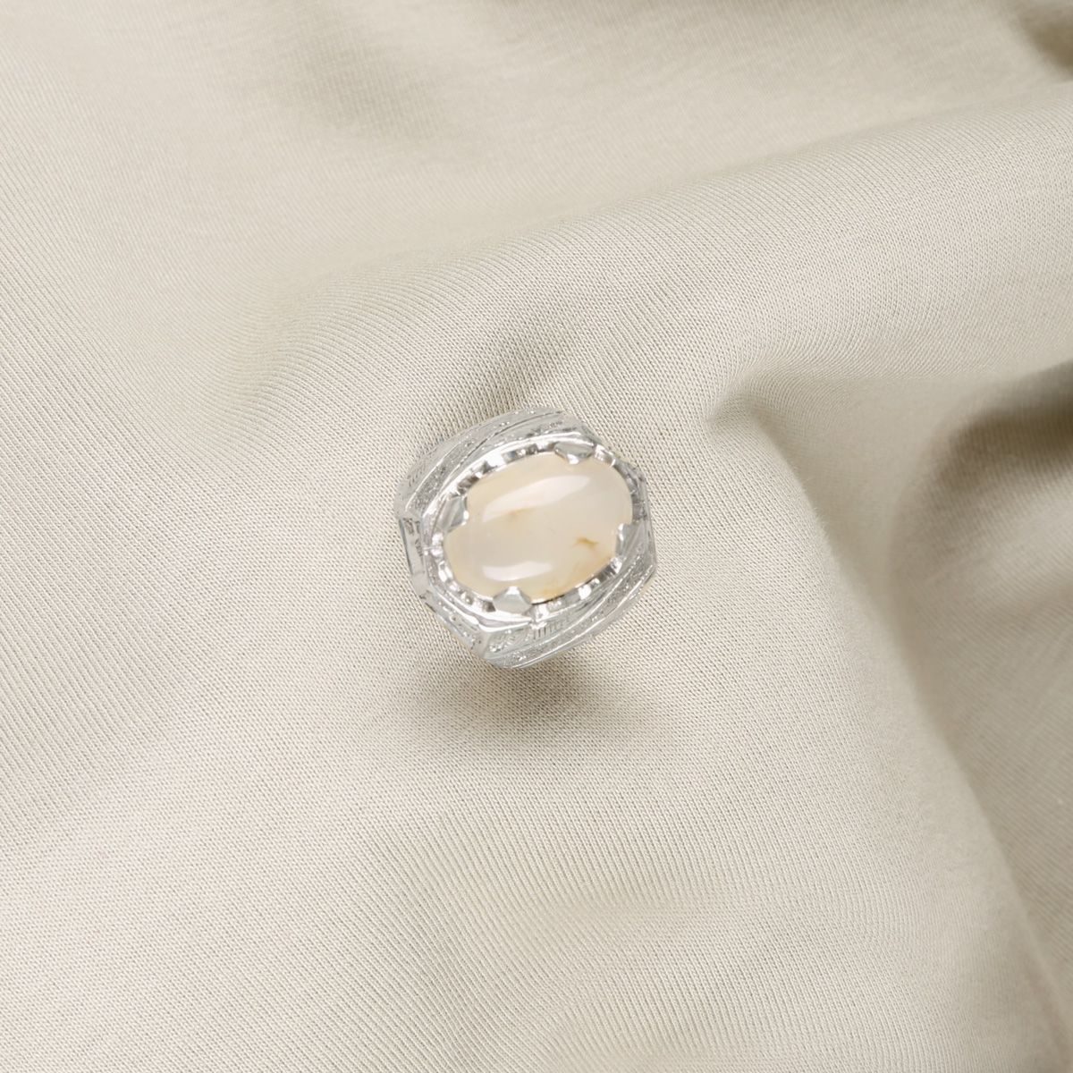 White Agate Stone Handmade Ring | Silver Engraved Solitaire Ring
