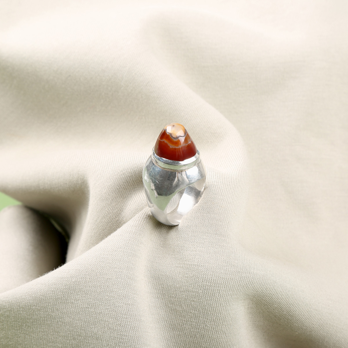 Orange Agate Stone Handmade Ring | Silver Round Ring