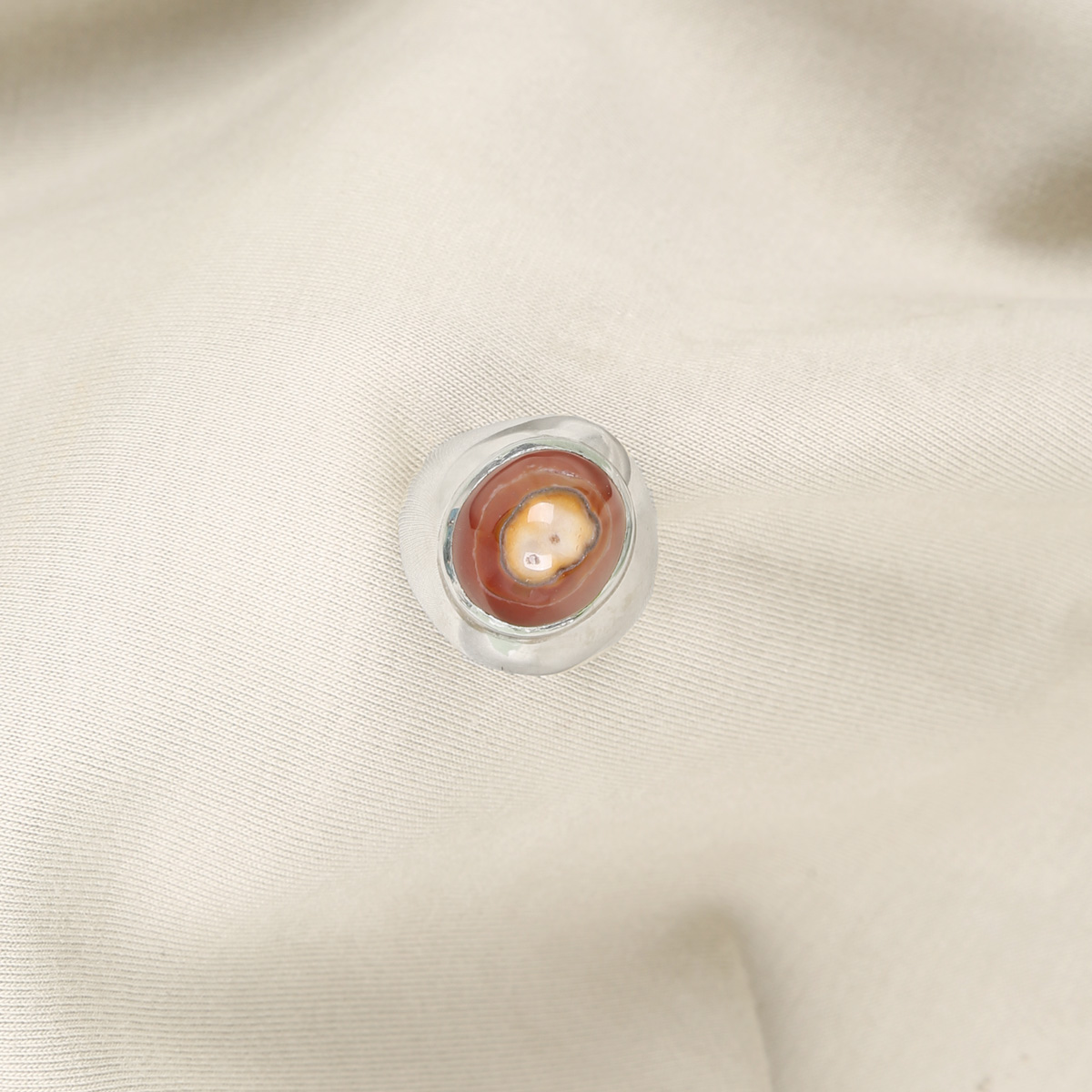 Orange Agate Stone Handmade Ring | Silver Round Ring