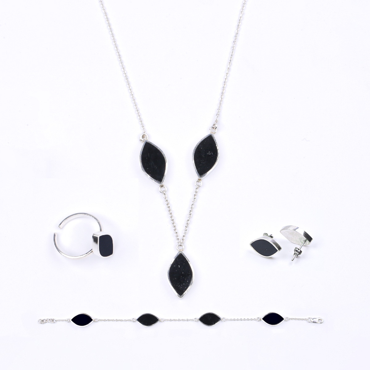 Minimal Agate Jewelry Set | Silver Lariat Necklace, Ring and Studs