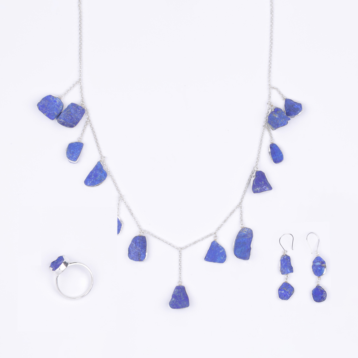 Rough Lapis Jewelry Set | Charm Necklace With Rings and Hook Earrings