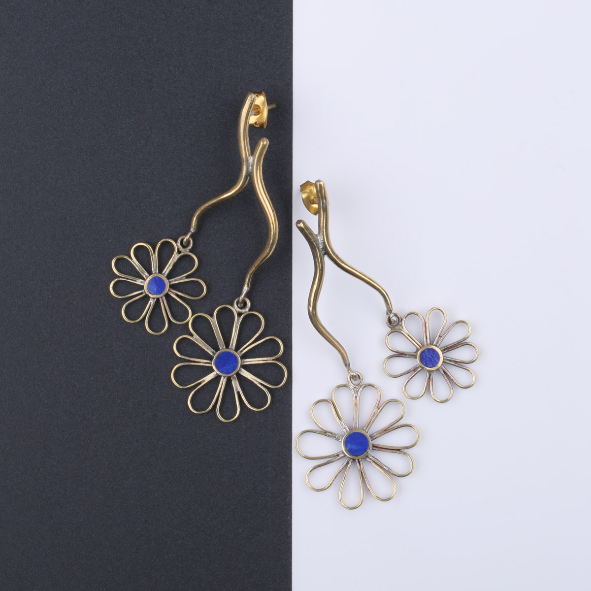 Flower Brass Earrings | Lapis Stone Earrings