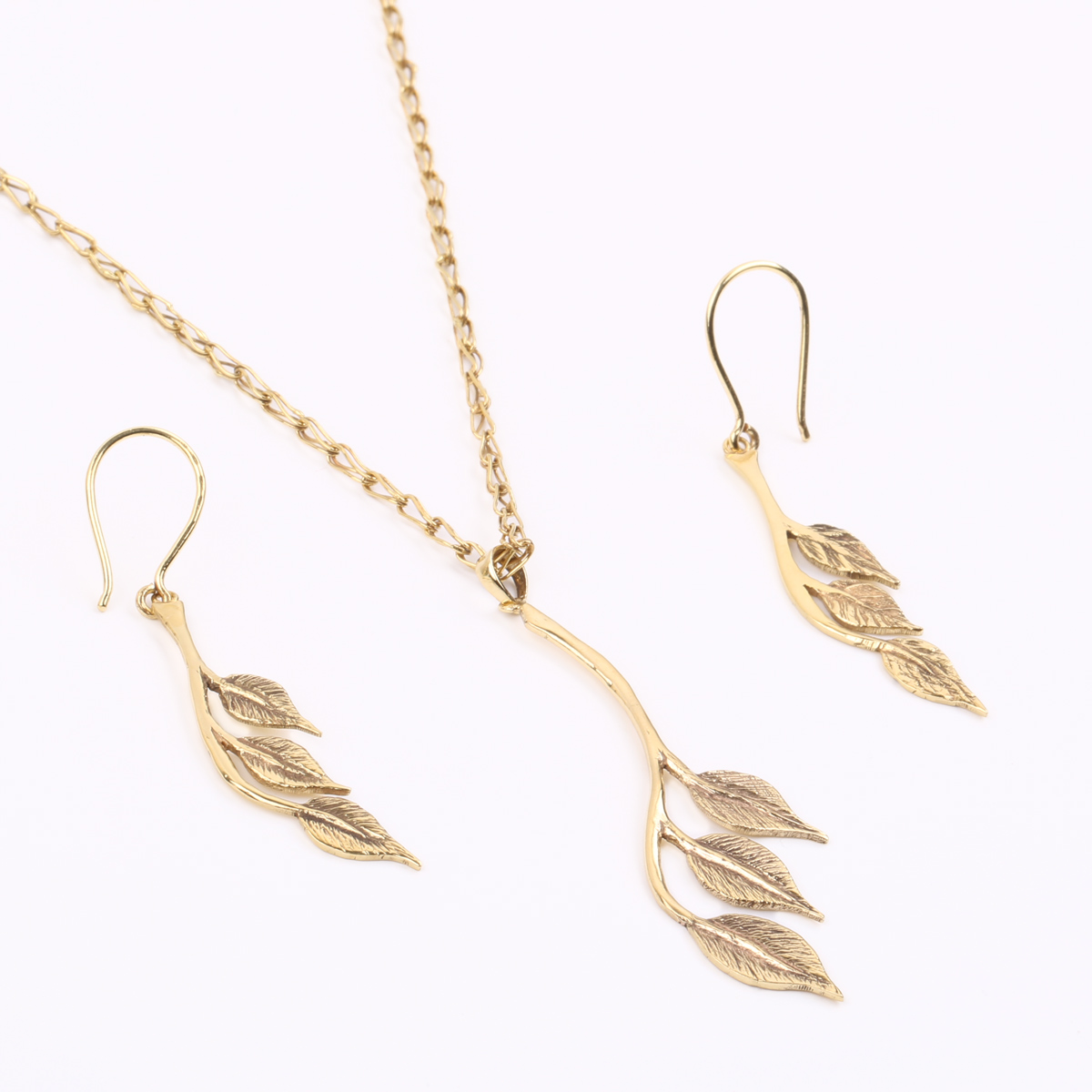 Gold Plated Pendant & Earrings | Brass Leaf Design Necklace & Earrings