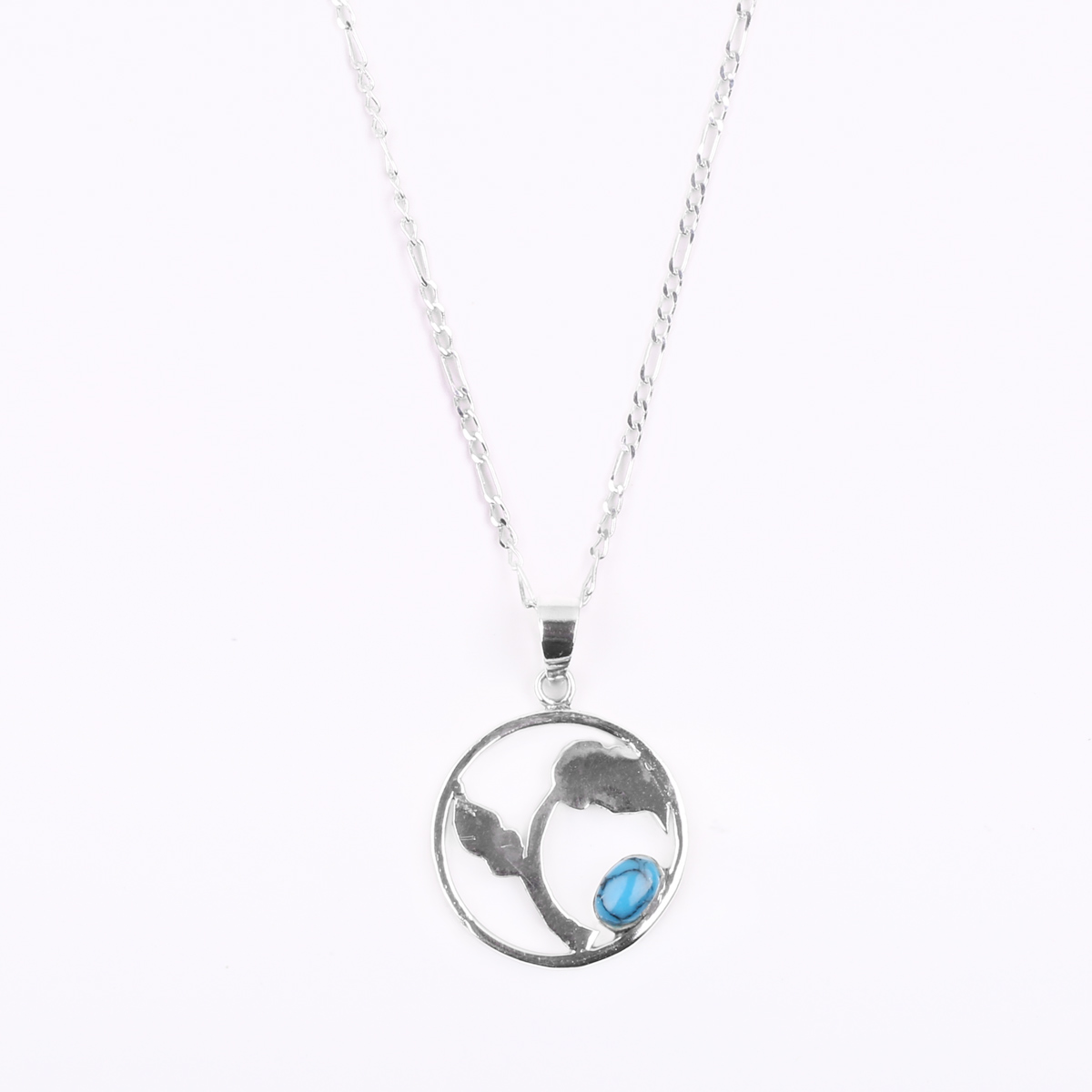 Turquoise Silver Necklace | Round Floral Design Pendant 