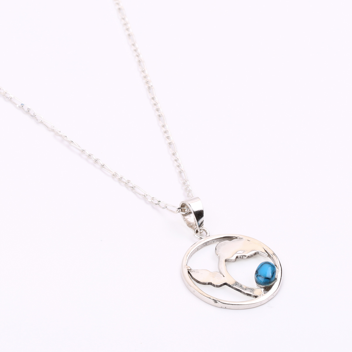 Turquoise Silver Necklace | Round Floral Design Pendant 