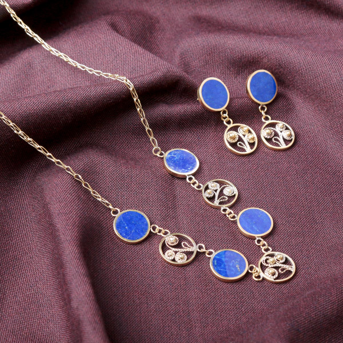 Lapis Lazuli Round Design Jewelry Set | Gold Plated Necklace & Earrings