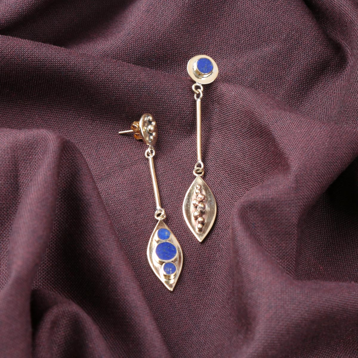 Lapis Lazuli Leaf Design Gold Plated Earrings | Brass Drop Shoulder Stud Earrings