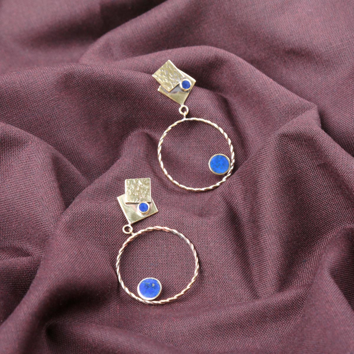 Lapis Lazuli Gold Plated Circle Earrings | Brass Drop Hook Earrings 
