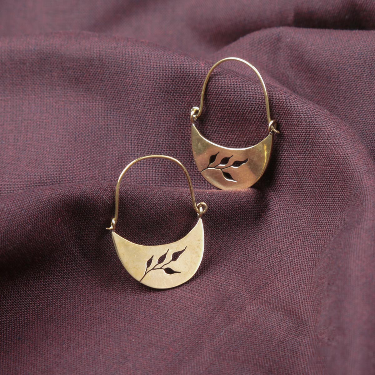Gold Plated Leaf Design Earrings | Brass Hoop Earrings 
