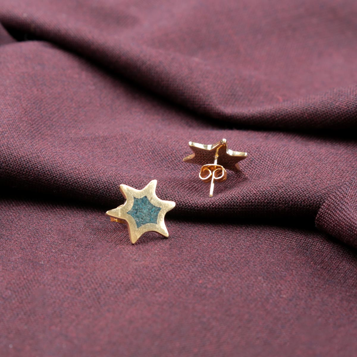 Green Bamyan Turquoise Star Stud Earrings | Gold Plated Brass Small Studs 