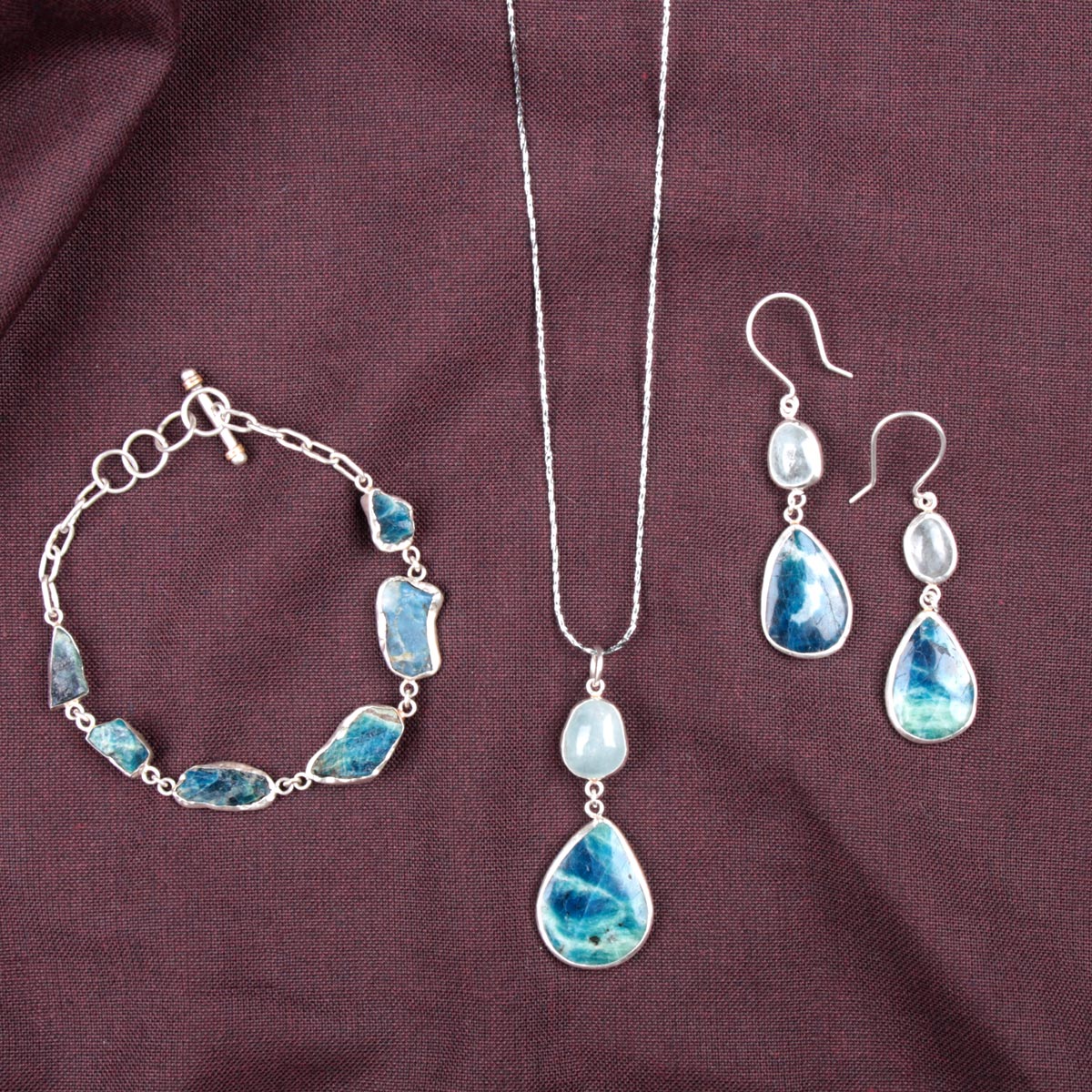 Blue Rough Aquamarine Pear Shape Jewelry Set | Silver Necklace, Earrings & Bracelet