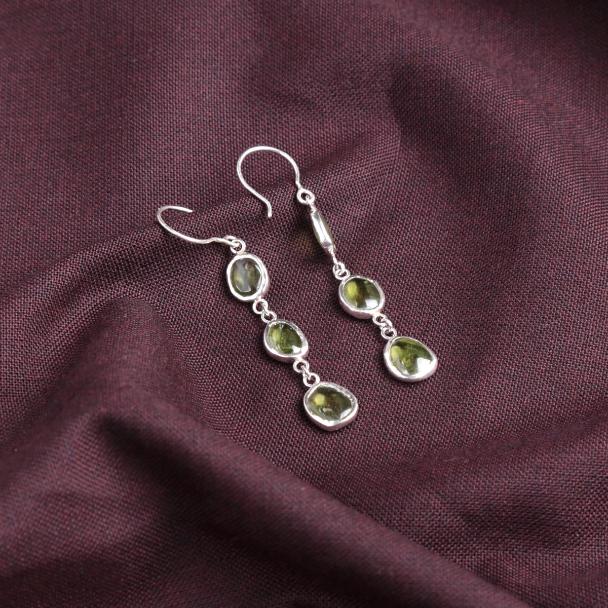 Green Peridot Stone Drop Hook Earrings | Silver Shoulder Earrings 