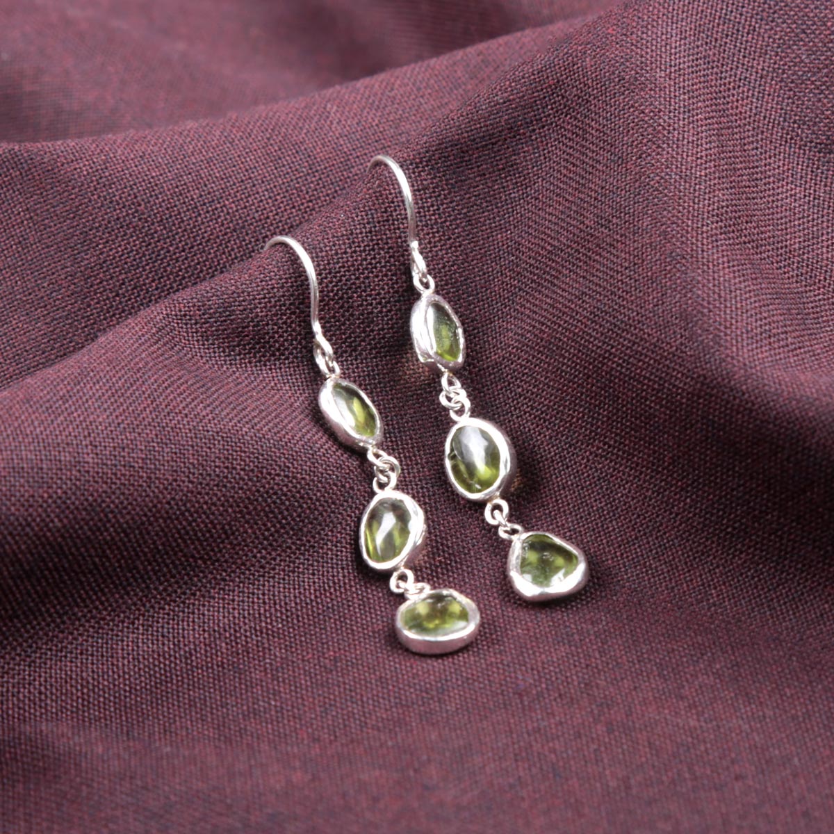 Green Peridot Stone Drop Hook Earrings | Silver Shoulder Earrings 
